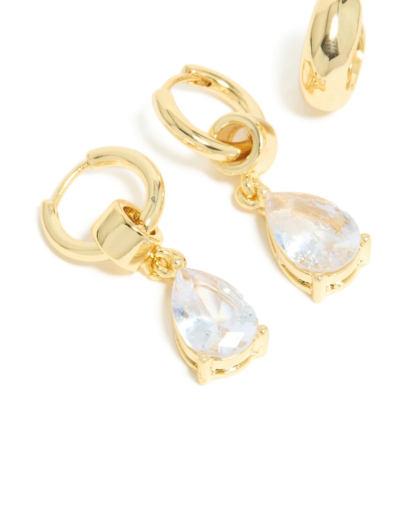 Gold Plated Diamante Pear Drop Huggie & Open Hoop Earrings 2 Pack