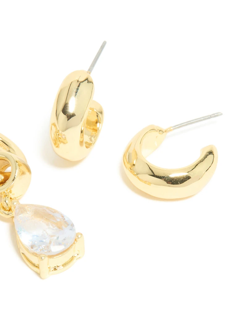 Gold Plated Diamante Pear Drop Huggie & Open Hoop Earrings 2 Pack