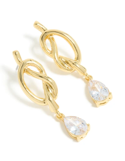 Gold Plated Pear Diamante & Knotted Drop Earrings