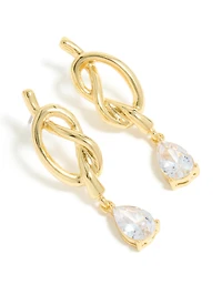 Gold Plated Pear Diamante & Knotted Drop Earrings