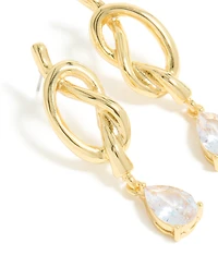 Gold Plated Pear Diamante & Knotted Drop Earrings