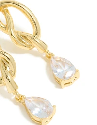 Gold Plated Pear Diamante & Knotted Drop Earrings