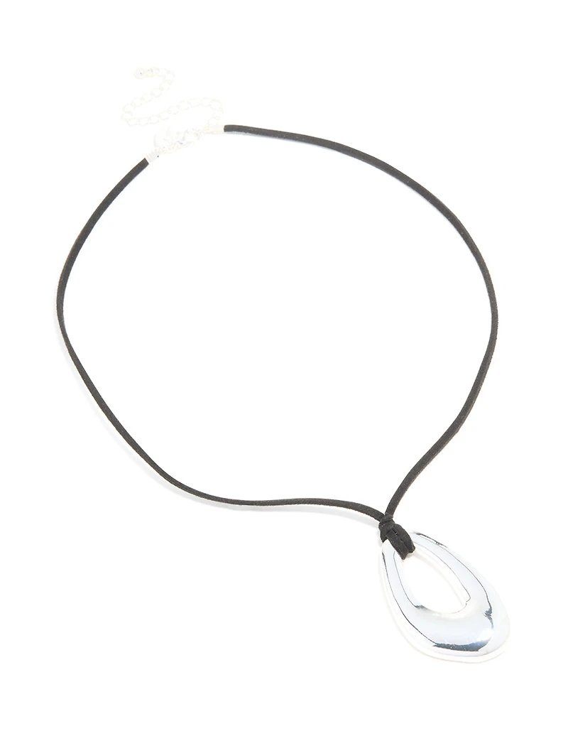 Silver Plated Open Oval Pendant Long Cord Necklace
