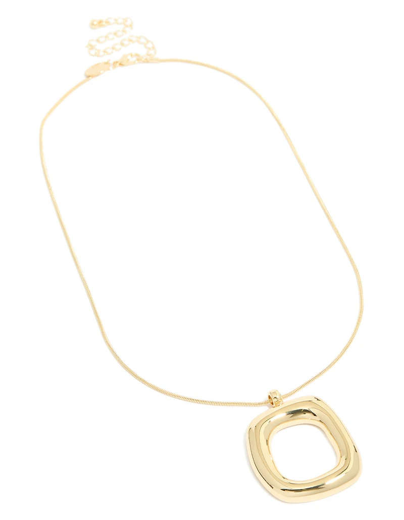 Gold Plated Puffy Square Open Pendant Necklace