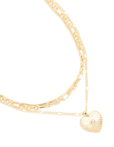 Gold Plated Diamante Heart & Chain Layered Necklace
