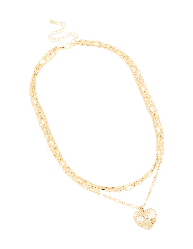 Gold Plated Diamante Heart & Chain Layered Necklace