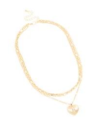Gold Plated Diamante Heart & Chain Layered Necklace