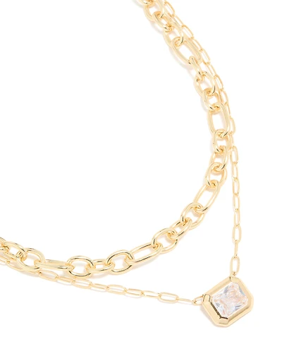 Gold Plated Diamante Rectangle Chain Layered Necklace