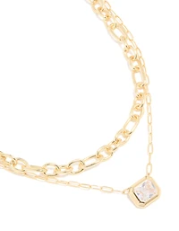 Gold Plated Diamante Rectangle Chain Layered Necklace