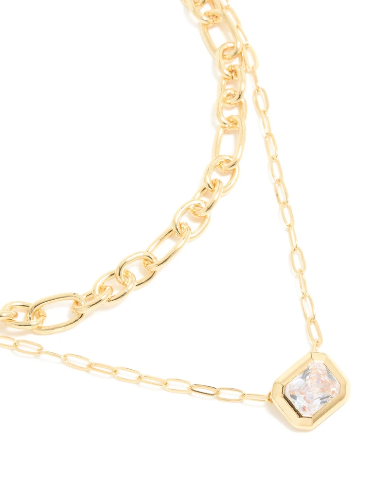 Gold Plated Diamante Rectangle Chain Layered Necklace
