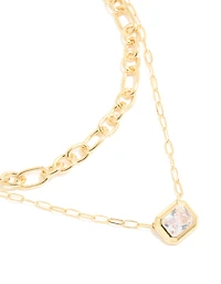 Gold Plated Diamante Rectangle Chain Layered Necklace