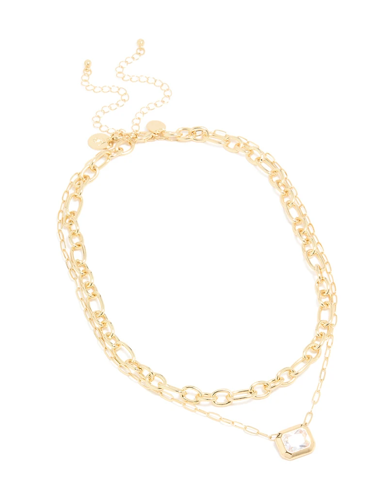 Gold Plated Diamante Rectangle Chain Layered Necklace