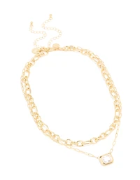 Gold Plated Diamante Rectangle Chain Layered Necklace