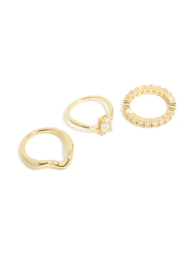 Gold Plated Diamante Oval Wave Rings 3-Pack