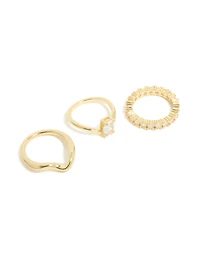 Gold Plated Diamante Oval Wave Rings 3-Pack