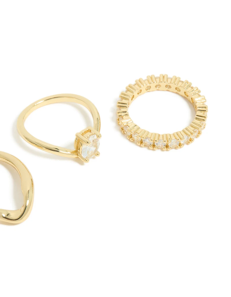 Gold Plated Diamante Oval Wave Rings 3-Pack