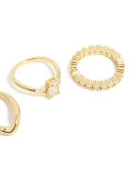 Gold Plated Diamante Oval Wave Rings 3-Pack