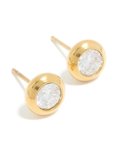 Waterproof Gold Plated Stainless Steel Cubic Zirconia Bezel Stud Earrings