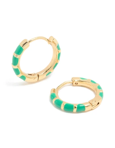 Waterproof Gold Plated Stainless Steel Bamboo Green Enamel Huggie Earrings