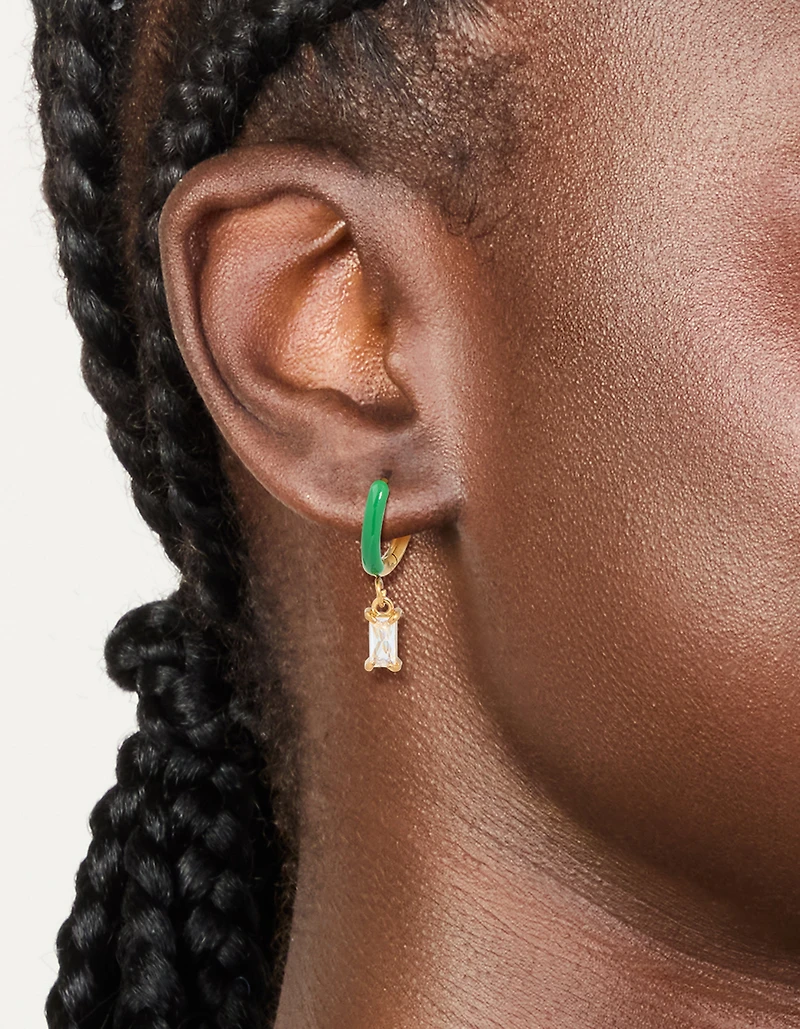 Waterproof Gold Plated Stainless Steel Emerald Green Enamel Cubic Zirconia Charm Huggie Earrings