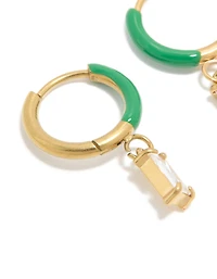 Waterproof Gold Plated Stainless Steel Emerald Green Enamel Cubic Zirconia Charm Huggie Earrings