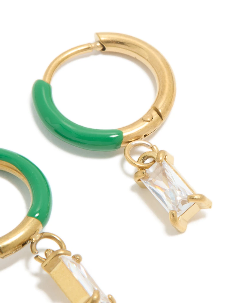 Waterproof Gold Plated Stainless Steel Emerald Green Enamel Cubic Zirconia Charm Huggie Earrings