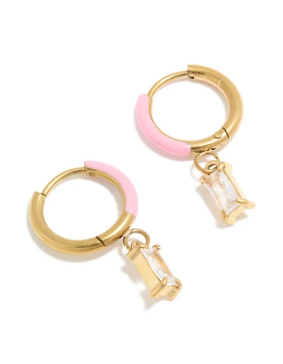 Waterproof Gold Plated Stainless Steel Pink Enamel Cubic Zirconia Charm Huggie Earrings