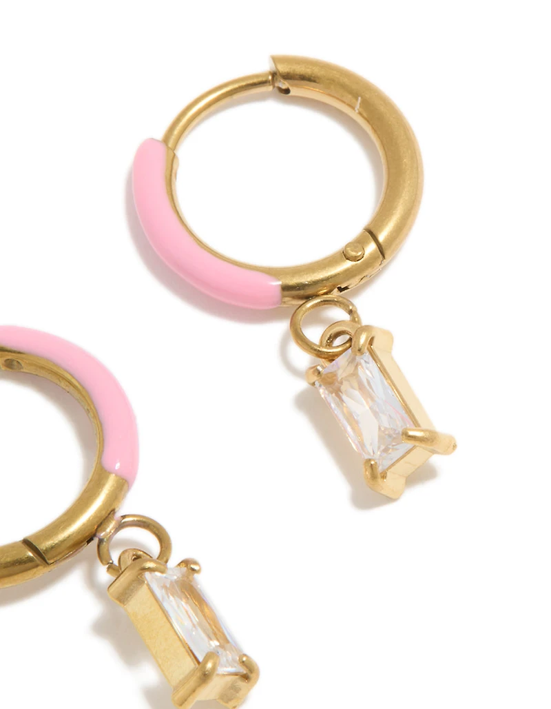 Waterproof Gold Plated Stainless Steel Pink Enamel Cubic Zirconia Charm Huggie Earrings