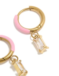 Waterproof Gold Plated Stainless Steel Pink Enamel Cubic Zirconia Charm Huggie Earrings