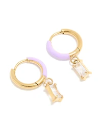 Waterproof Gold Plated Stainless Steel Purple Enamel Cubic Zirconia Charm Huggie Earrings