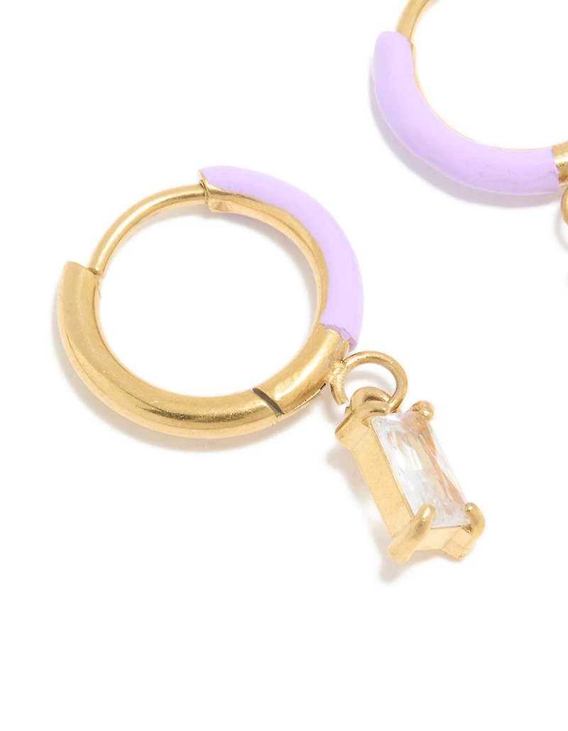 Waterproof Gold Plated Stainless Steel Purple Enamel Cubic Zirconia Charm Huggie Earrings