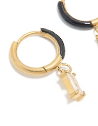 Waterproof Gold Plated Stainless Steel Black Enamel Cubic Zirconia Charm Huggie Earrings