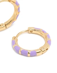 Waterproof Gold Plated Stainless Steel Purple Enamel Bamboo Huggie Earrings