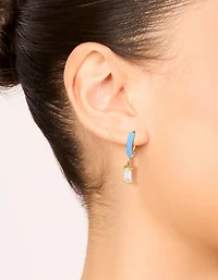 Waterproof Gold Plated Stainless Steel Light Blue Enamel Cubic Zirconia Charm Huggie Earrings