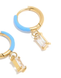Waterproof Gold Plated Stainless Steel Light Blue Enamel Cubic Zirconia Charm Huggie Earrings