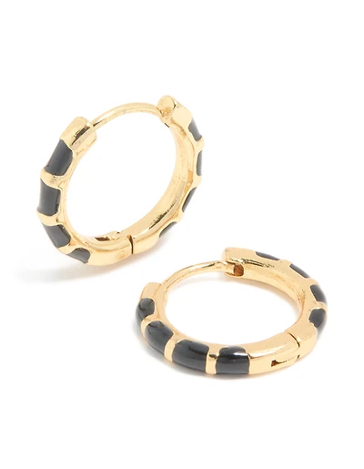 Waterproof Gold Plated Stainless Steel Black Enamel Bamboo Huggie Earrings