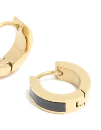 Waterproof Gold Plated Stainless Steel Small Black Enamel Inlay Huggie Earrings