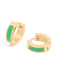 Waterproof Gold Plated Stainless Steel Small Green Enamel Inlay Huggie Earrings