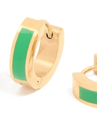 Waterproof Gold Plated Stainless Steel Small Green Enamel Inlay Huggie Earrings