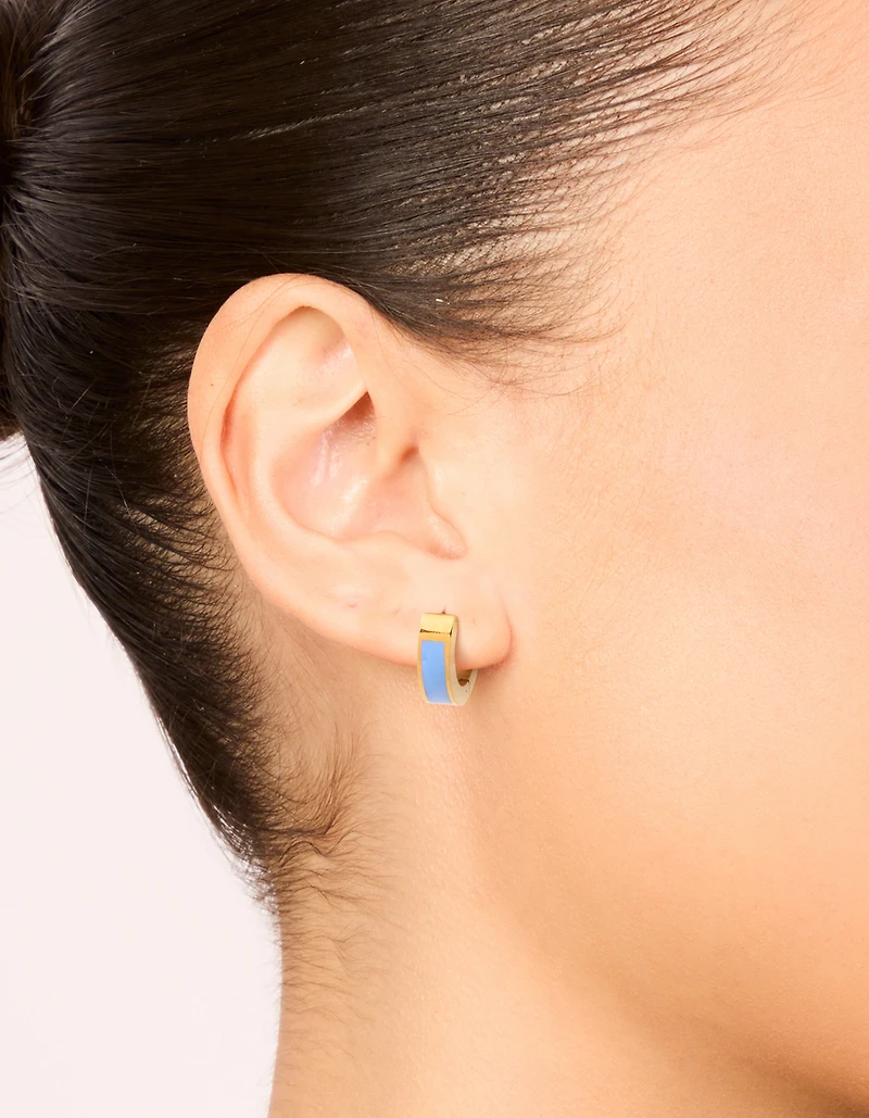 Waterproof Gold Plated Stainless Steel Small Blue Enamel Inlay Huggie Earrings