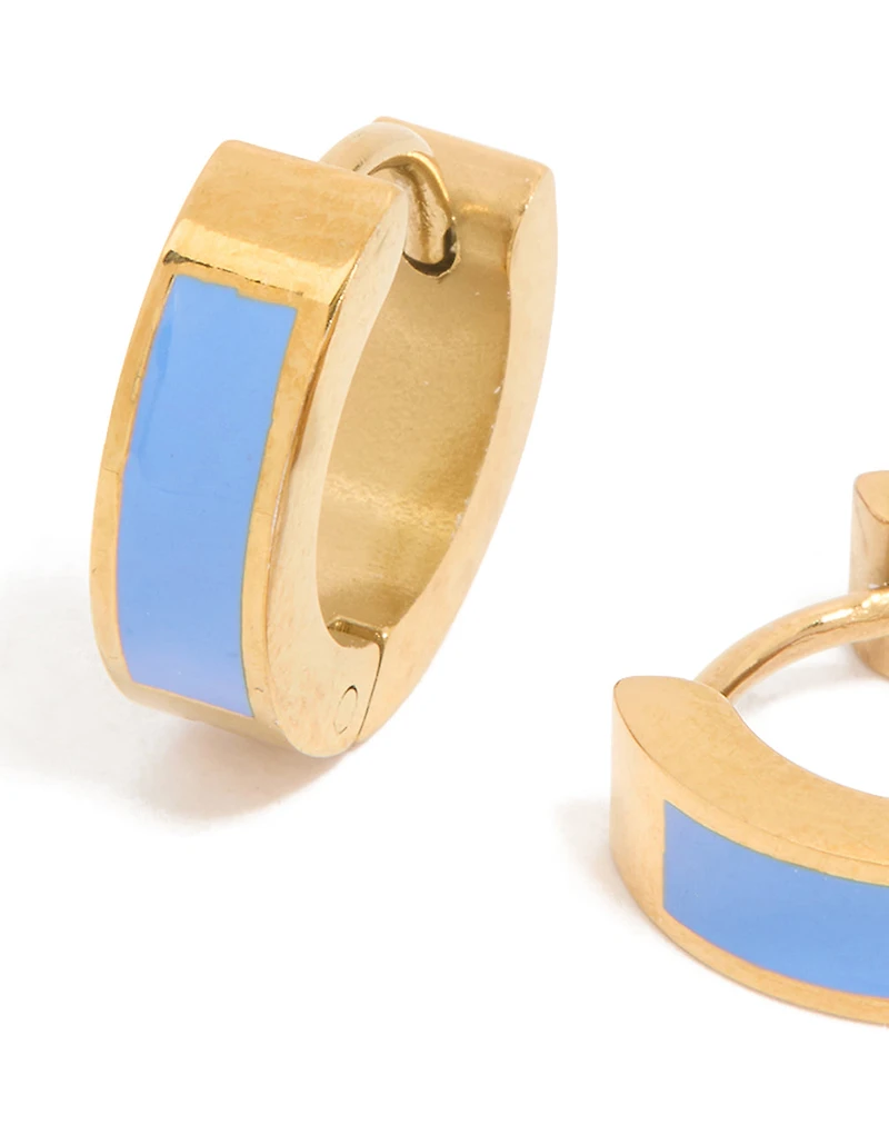 Waterproof Gold Plated Stainless Steel Small Blue Enamel Inlay Huggie Earrings
