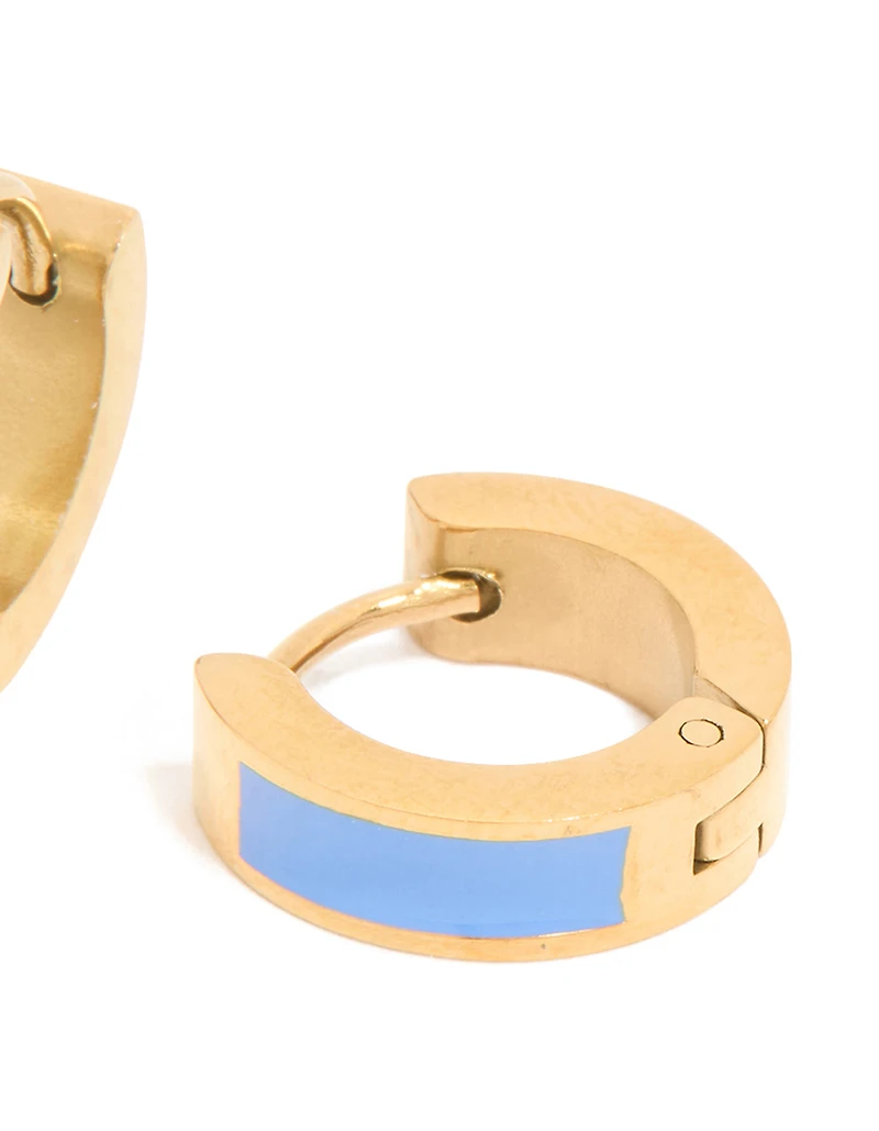 Waterproof Gold Plated Stainless Steel Small Blue Enamel Inlay Huggie Earrings
