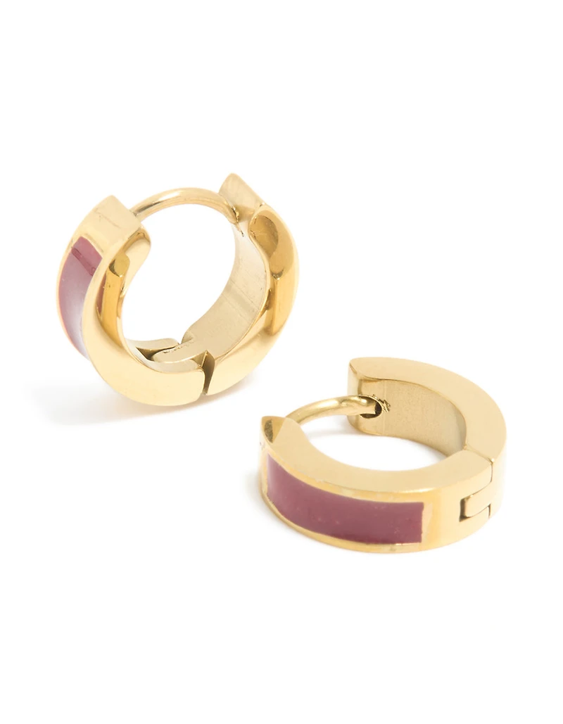Waterproof Gold Plated Stainless Steel Small Burgundy Red Enamel Inlay Huggie Earrings