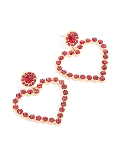 Gold Red Diamante Open Heart Drop Earrings