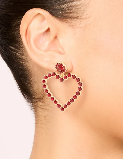 Gold Red Diamante Open Heart Drop Earrings