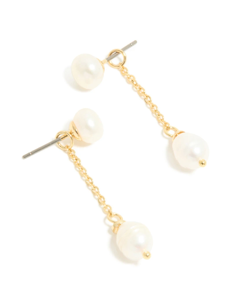 Gold Plated Double Freshwater Pearl Drop Stud Earrings