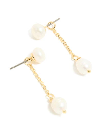 Gold Plated Double Freshwater Pearl Drop Stud Earrings