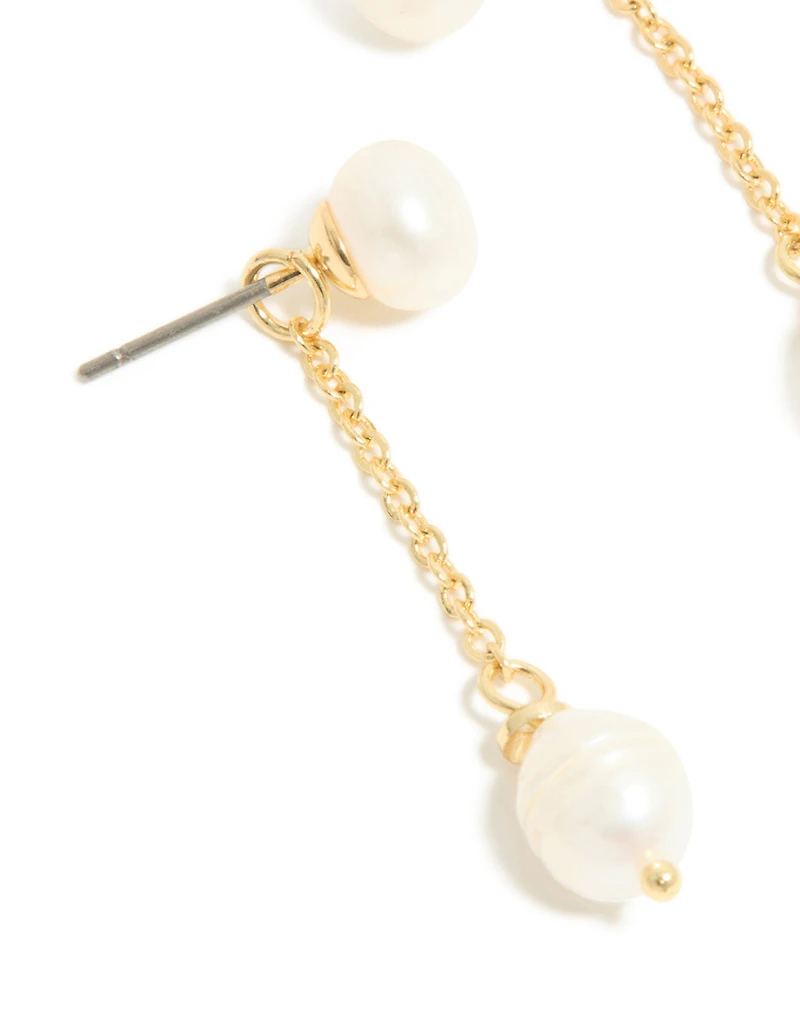 Gold Plated Double Freshwater Pearl Drop Stud Earrings