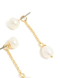 Gold Plated Double Freshwater Pearl Drop Stud Earrings
