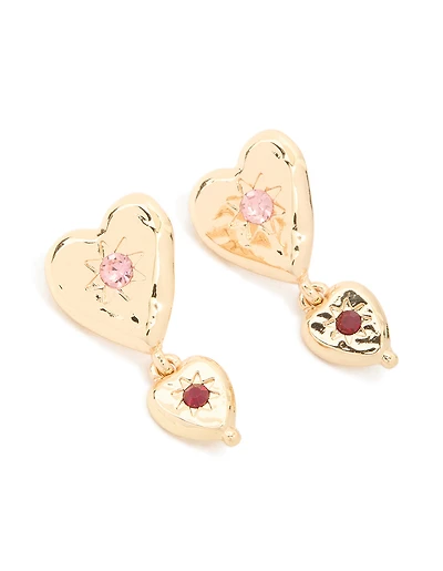 Gold Double Heart With Diamante Star Centre Drop Earrings